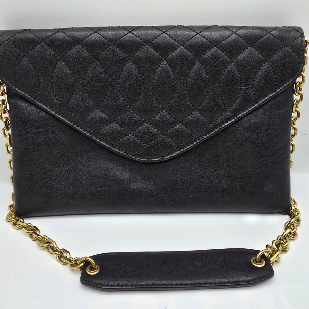 J.Crew Black Quilted Leather Envelope Clutch Gold Chain Shoulder Bag Envelope